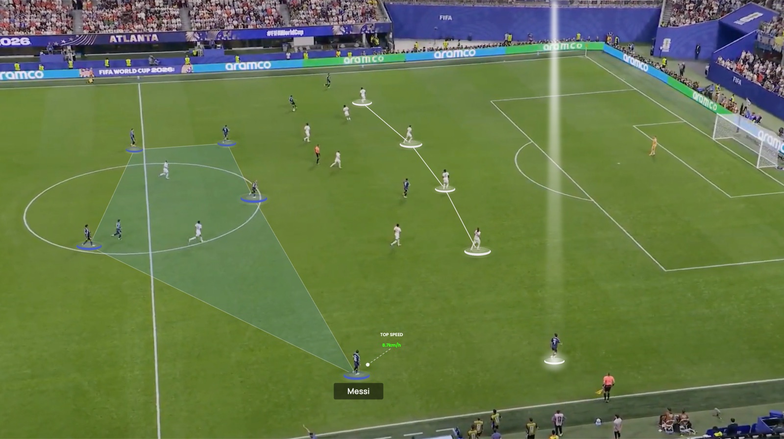 A match photo analysed in Táctica: defensive line, passing lanes and a highlighted player with top speed